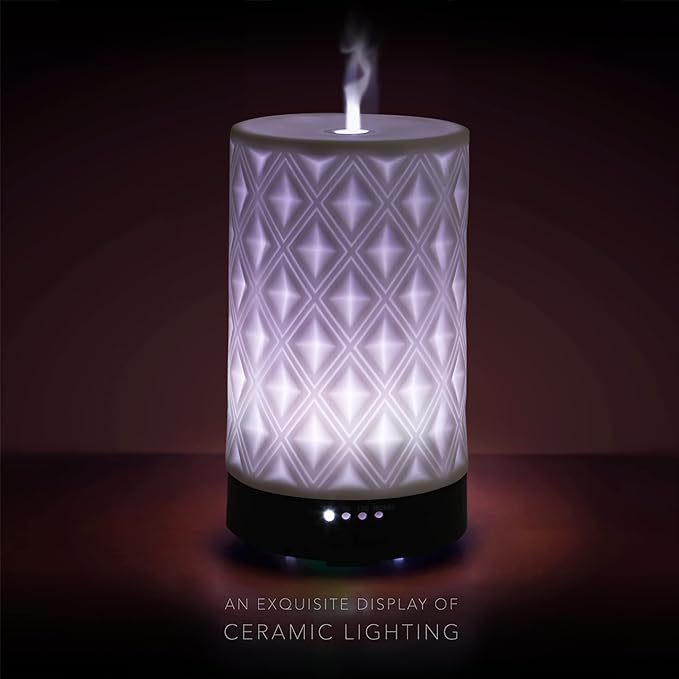 Earnest Living Essential Oil Diffuser for Home White Ceramic 100ml Aromatherapy Diffuser with 4 Timers 7 Night Lights and Auto Off Function (no Beep!) for Essential Oils